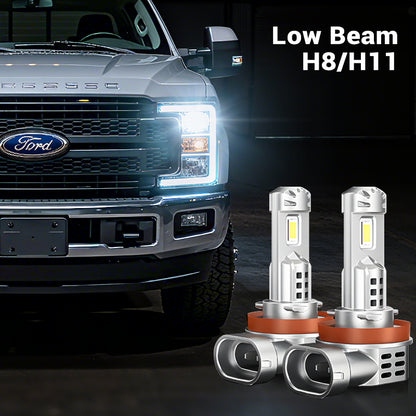Low Beam H8/H11 Fit For 2020-2025 Ford F250 LED Headlight Bulbs displayed on a Ford F250, offering OEM-style fit and enhanced road clarity.