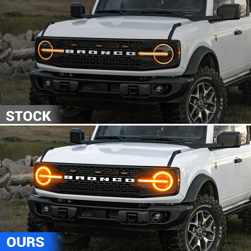 Bronco headlight grille style before and after installation comparison