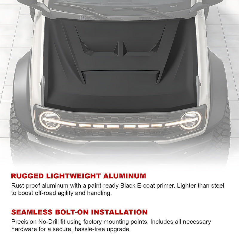 2021-2026 Ford Bronco Hood with Functional Air Scoop and LED Lights