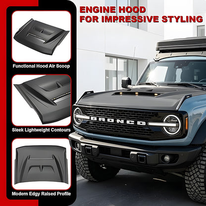 2021-2026 Ford Bronco Hood with Functional Air Scoop and LED Lights