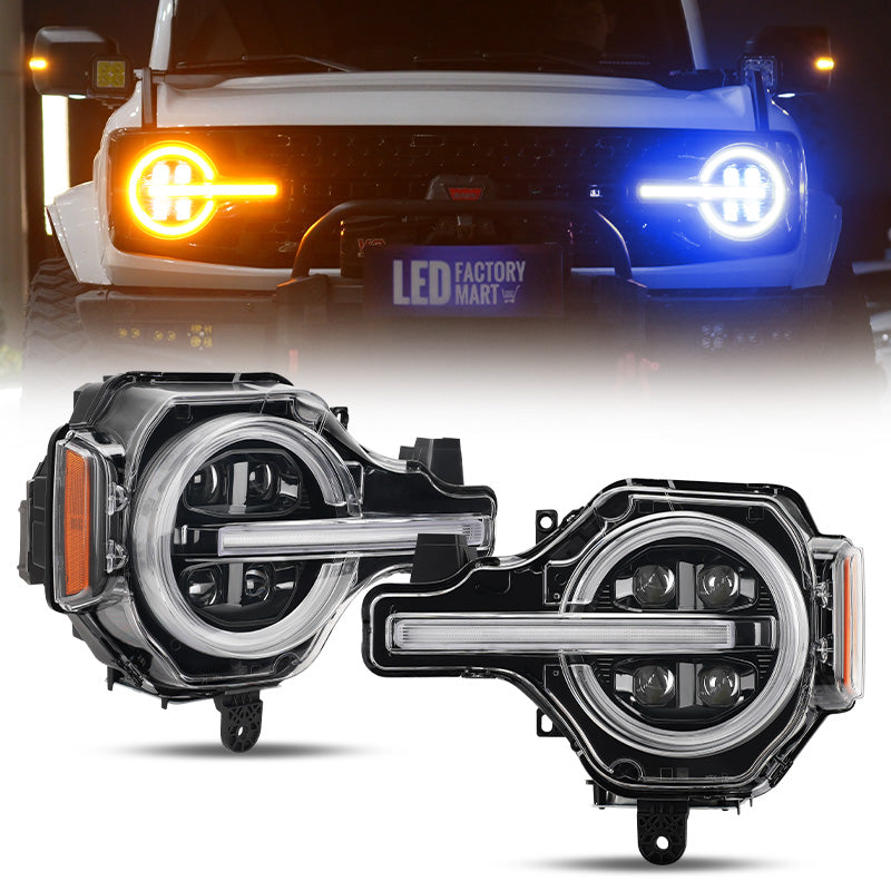 4 Grid LED Headlights with RGB+White Halo for 2021-2025 Ford Bronco