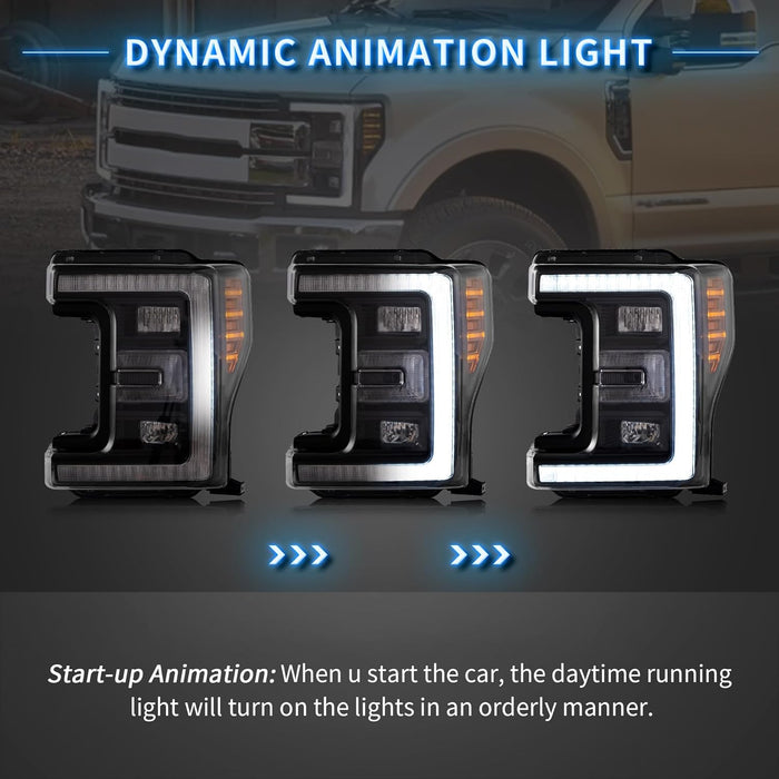 Full LED Headlights Pair For 2017-2019 Ford F250 F350 F450 F550 Super Duty - Black Housing, Sequential Turn Signals