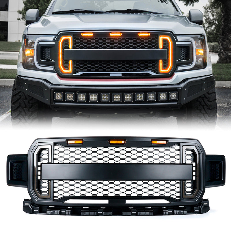 Front Grill with LED DRL & Turn Signal Lights & Raptor Lights Combo for Ford F150 2018-2020