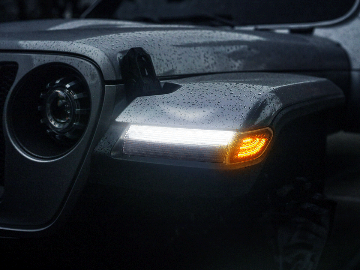 Jeep LED turn signal lights and LED fender light combo feature dynamic sequential indicators