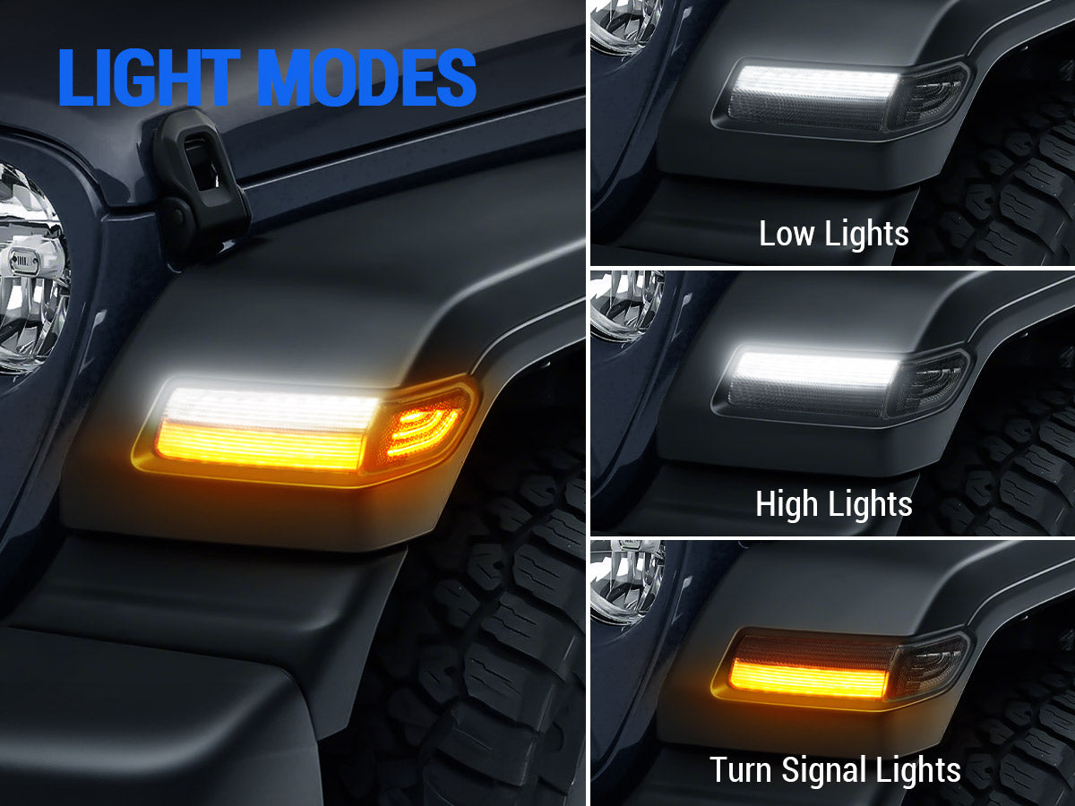 Jeep LED turn signal lights and LED fender light combo feature dynamic sequential indicators