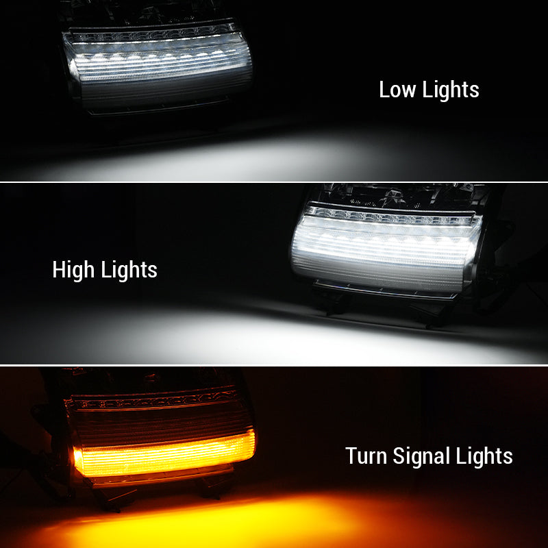 White color for DRL & Parking lights. Smoked Lens Yellow turn signals with sequential mode for Jeep