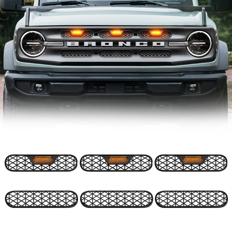 6Pcs Front Mesh Grille Insert with LED Lights for 2021-2024 Ford Bronco