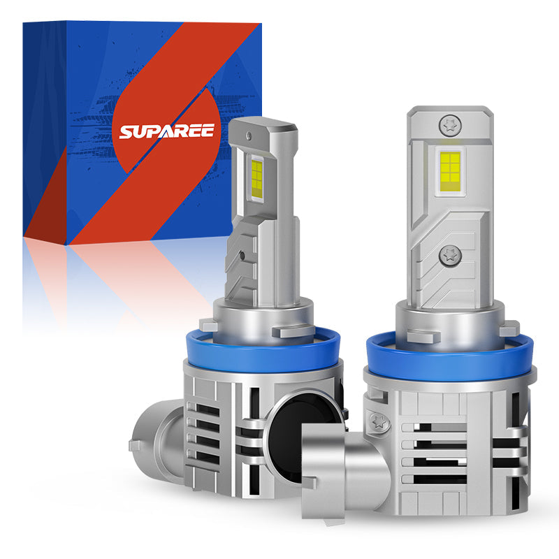 SP Air Series 60W H8 7000LM 6000K LED Headlight Bulbs with blue ring design and dual LED chips, shown with branded retail packaging.