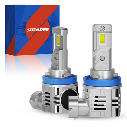 SP Air Series 60W H8 7000LM 6000K LED Headlight Bulbs with blue ring design and dual LED chips, shown with branded retail packaging.