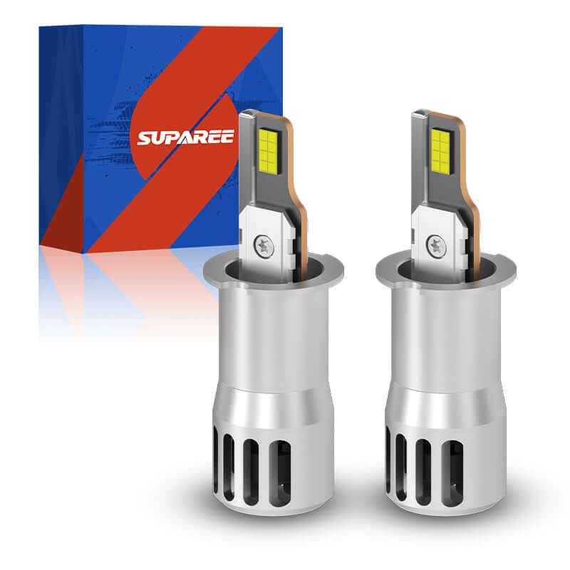 SP Air Series 60W H3 7000LM 6000K LED Headlight Bulbs in silver housing with dual LED chips, shown with branded SUPAREE packaging box. Ideal for automotive lighting upgrades.