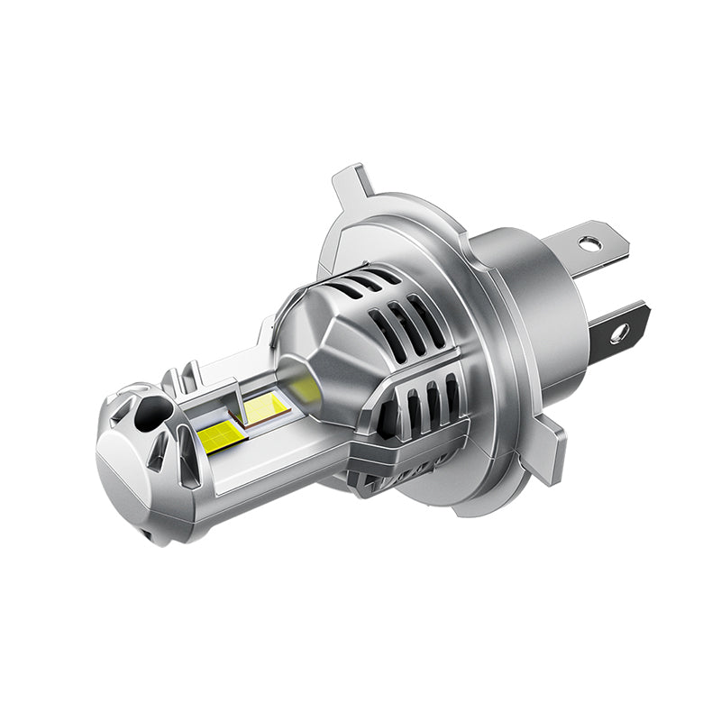 Angled side view of H4 9003 LED Headlight Bulb for Toyota Tacoma. Compact design with integrated cooling system and dual-beam output.