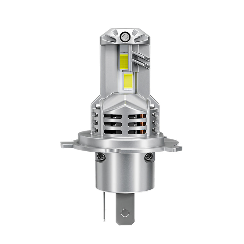 Front view of H4 9003 LED Headlight Bulb for 1997-2015 Toyota Tacoma. Features dual LED chips and heat dissipation vents.