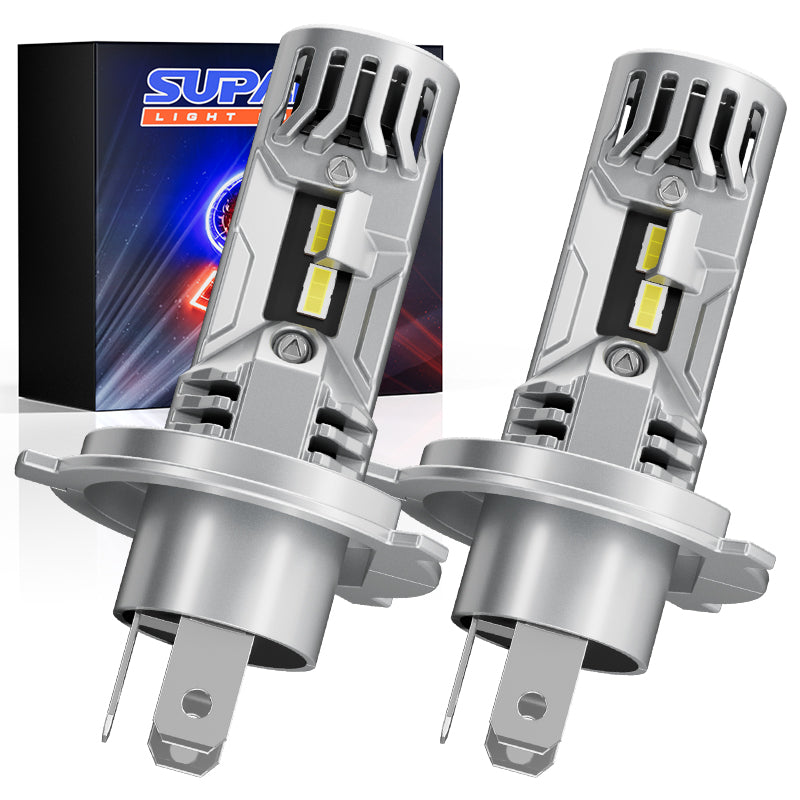 1 Pair H4 LED Headlight Bulbs with Fan 60W 12000 Lumens Cool White, featuring dual-beam design and advanced cooling system for vehicles.