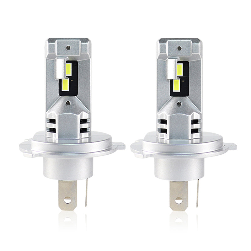 Front view of H4 LED Headlight Bulbs with Fan 60W 12000 Lumens Cool White, showcasing dual LED chips and compact heat sink design.