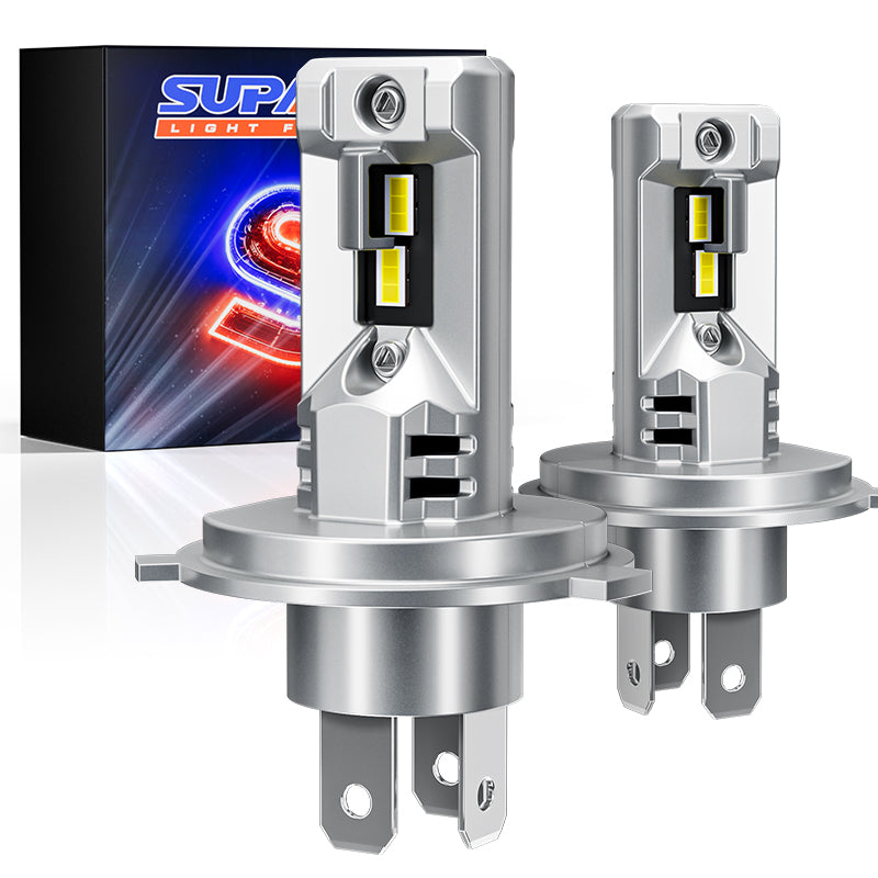 H4/9003 LED Headlight Bulbs 40W 10000 Lumens with dual-beam design and aluminum housing, shown with branded packaging for vehicle lighting upgrades.