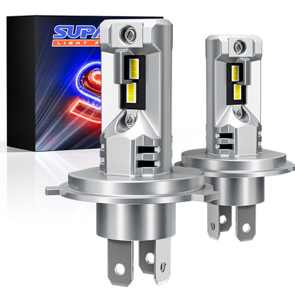 H4/9003 LED Headlight Bulbs 40W 10000 Lumens with dual-beam design and aluminum housing, shown with branded packaging for vehicle lighting upgrades.