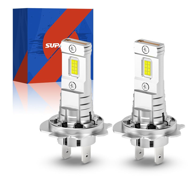 SP Air Series 60W H7 7000LM 6000K LED Headlight Bulbs with dual LED chips and silver heat sink design, ideal for high-performance vehicle lighting.