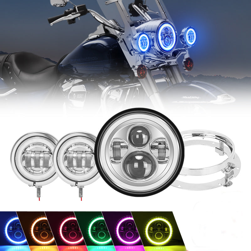 7" RGB LED Projector Headlight + 4.5" Fog Lights + Bracket Combo for Touring Models