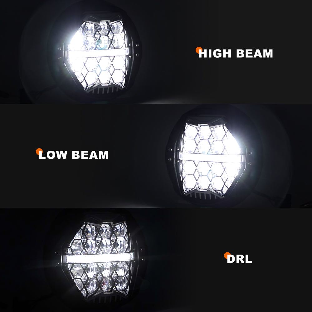 Showcasing Harley's honeycomb LED headlamps for low and high beams and white DRL