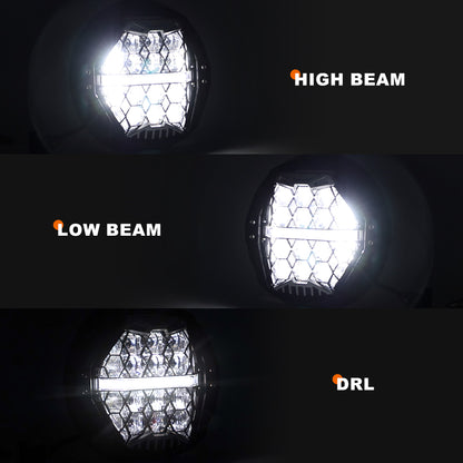 Showcasing Harley's honeycomb LED headlamps for low and high beams and white DRL