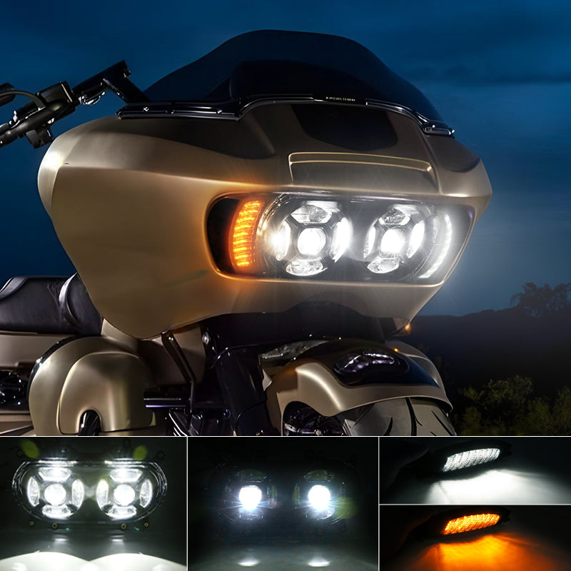 Dual LED Headlight & Front Amber/White LED Running Turn Signal Lights for 2015-2024 Road Glide