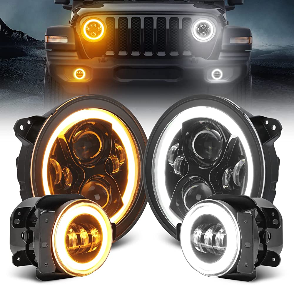 Upgrade 9'' Jeep Halo Headlights & Fog Lights with DRL for 2018-Later Jeep Wrangler JL & Gladiator JT