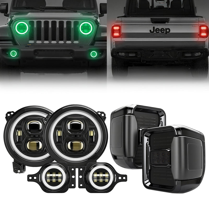 JT Mega Bundle - 9" LED RGB Halo Headlights, RGB Fogs, Tail Lights For Jeep Gladiator JT