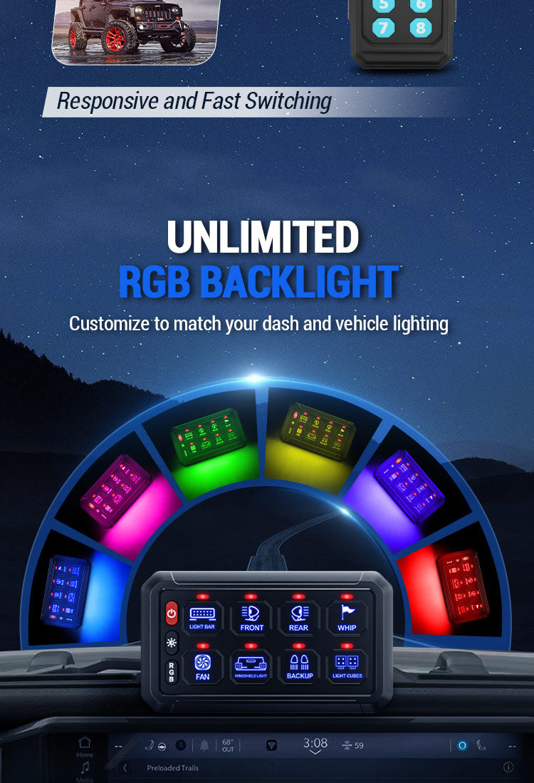 4 Control Modes Universal 8 Gang RGB Switch Panel for Off-Road & Jeep mobile banner