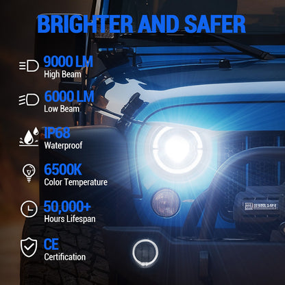 DOT Certified 7" 80W LED Halo Headlights with DRL & Turn Signals for Jeep TJ JK