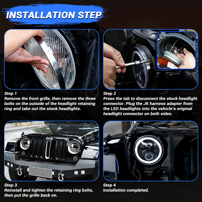 7 inch 80W Jeep Wrangler LED Halo Headlights with DRL & Turn Signals for 1997-2018 Wrangler JK CJ TJ