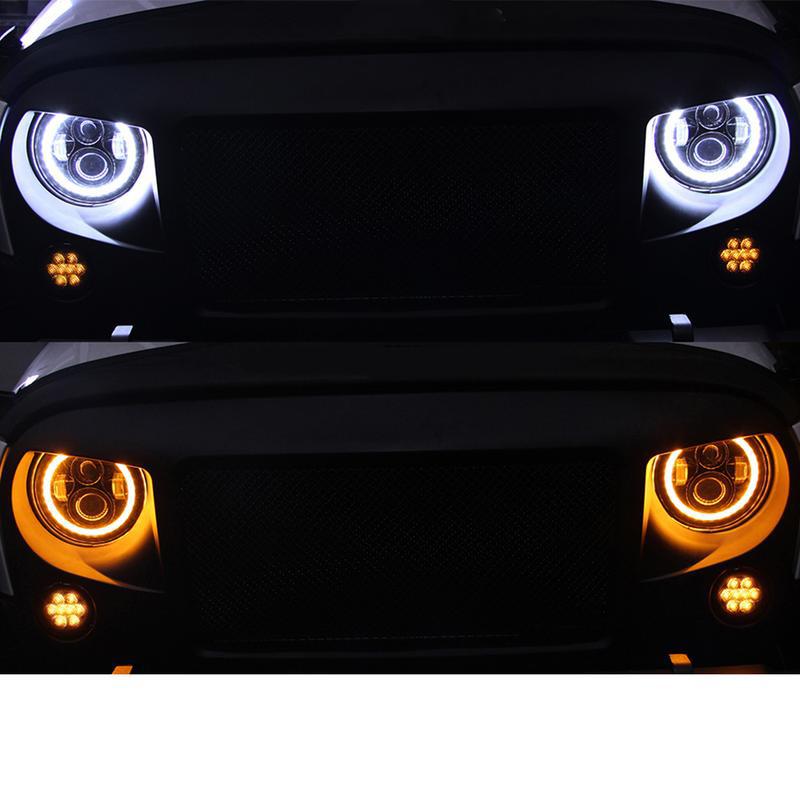 Jeep LED Halo Headlights with White halo and Amber Turn Signals