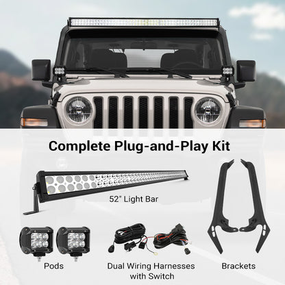 52" Jeep Light Bar & Pods & Brackets for 2018-Later Wrangler JL JLU & Gladiator | Prevail Series