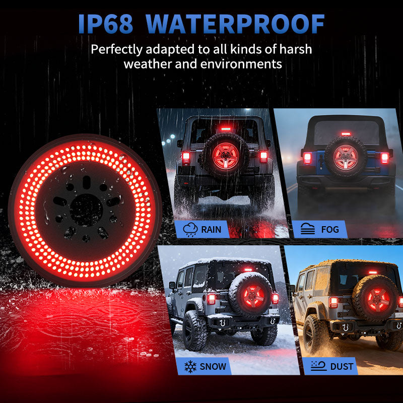 Full view of Jeep Wrangler JK spare tire LED light with brake and reverse function