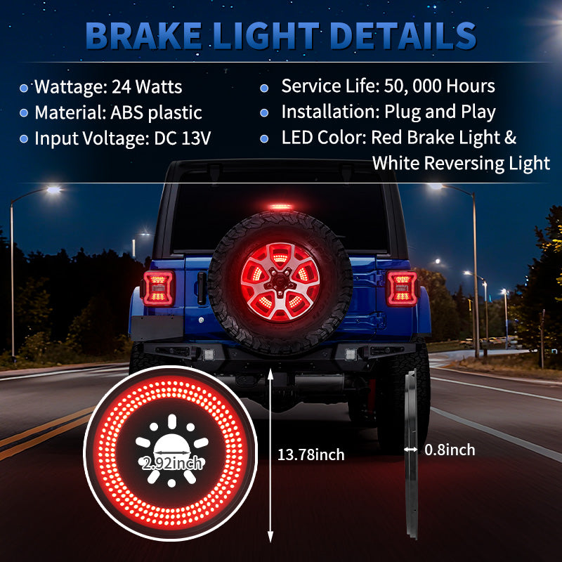 Full view of Jeep Wrangler JL spare tire LED light with brake and reverse function