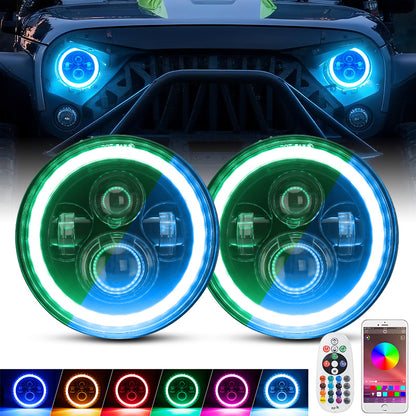 7" Jeep Wrangler LED Headlights with RGB Halo App Or Remote Control for 1997-2018