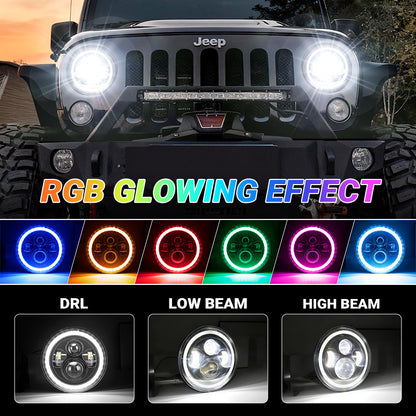 7" Jeep Wrangler LED Headlights with RGB Halo App Or Remote Control for 1997-2018