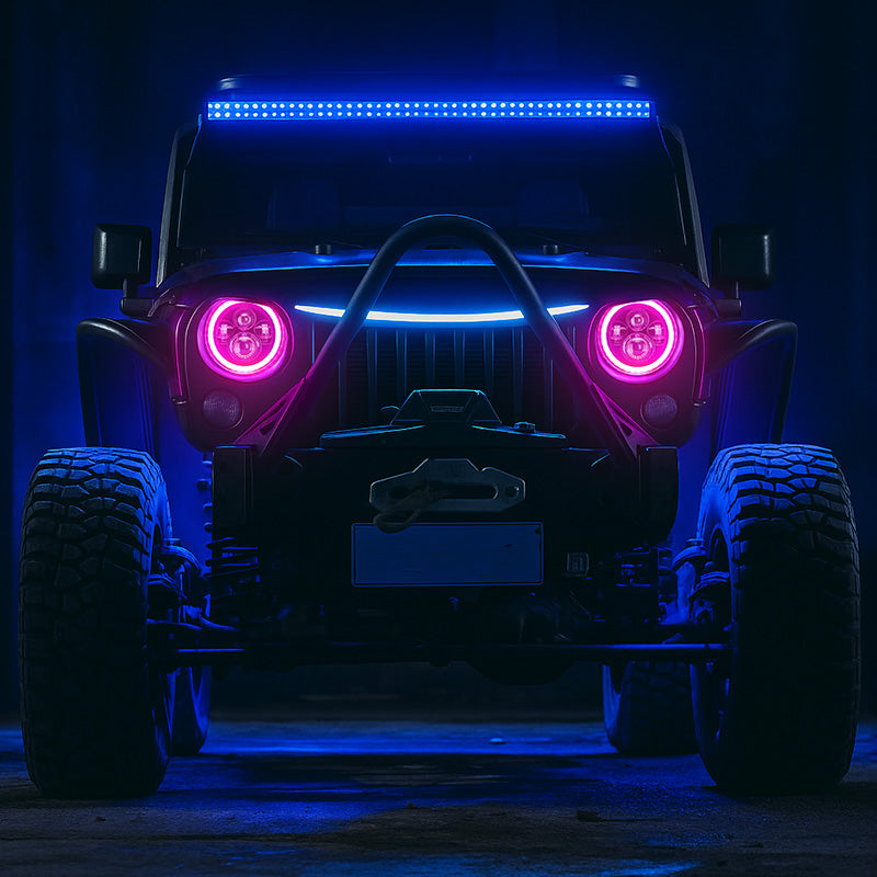7" Jeep Wrangler LED Headlights with RGB Halo App Or Remote Control for 1997-2018