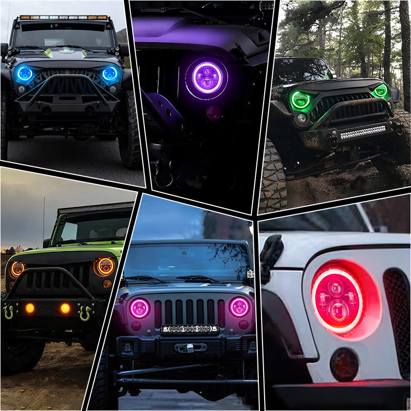 7" Jeep Wrangler LED Headlights with RGB Halo App Or Remote Control for 1997-2018