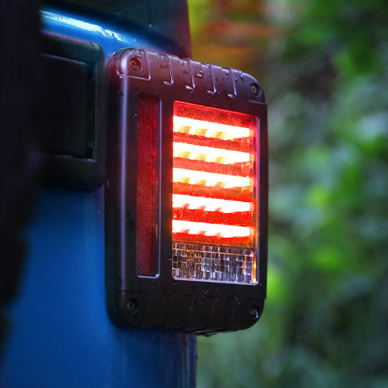 Close up Jeep JK Tail Lights mounted and lit on vehicle