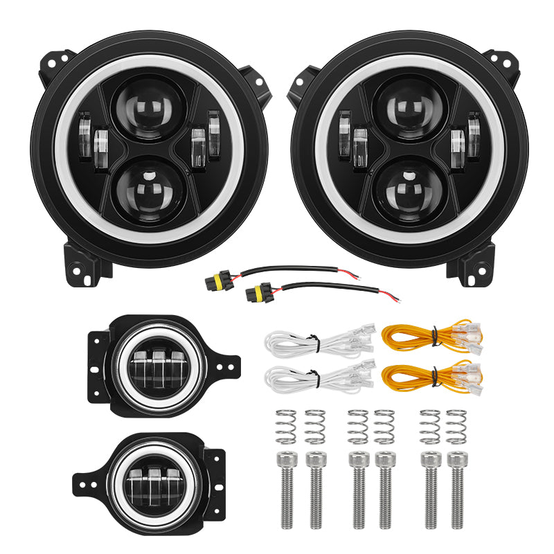 Upgrade 9'' Jeep Halo Headlights & Fog Lights with DRL for 2018-Later Jeep Wrangler JL & Gladiator JT