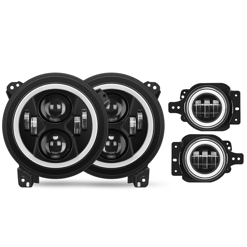 Upgrade 9'' Jeep Halo Headlights & Fog Lights with DRL for 2018-Later Jeep Wrangler JL & Gladiator JT