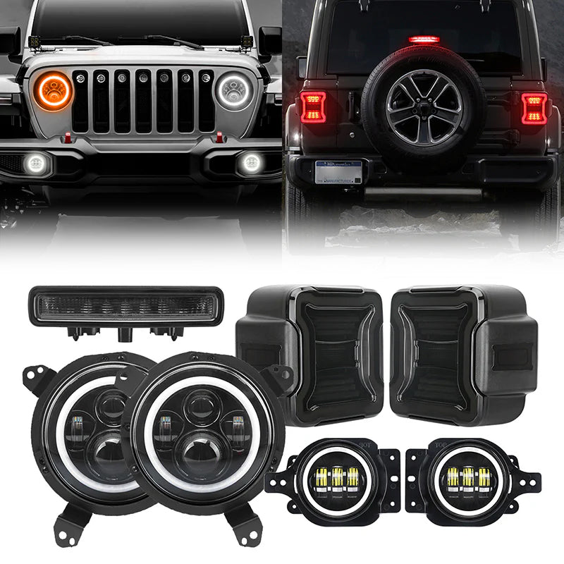 Mega Bundle - LED Halo Headlights, Brackets, Fog, Taillights, Brake Lights For Jeep JL