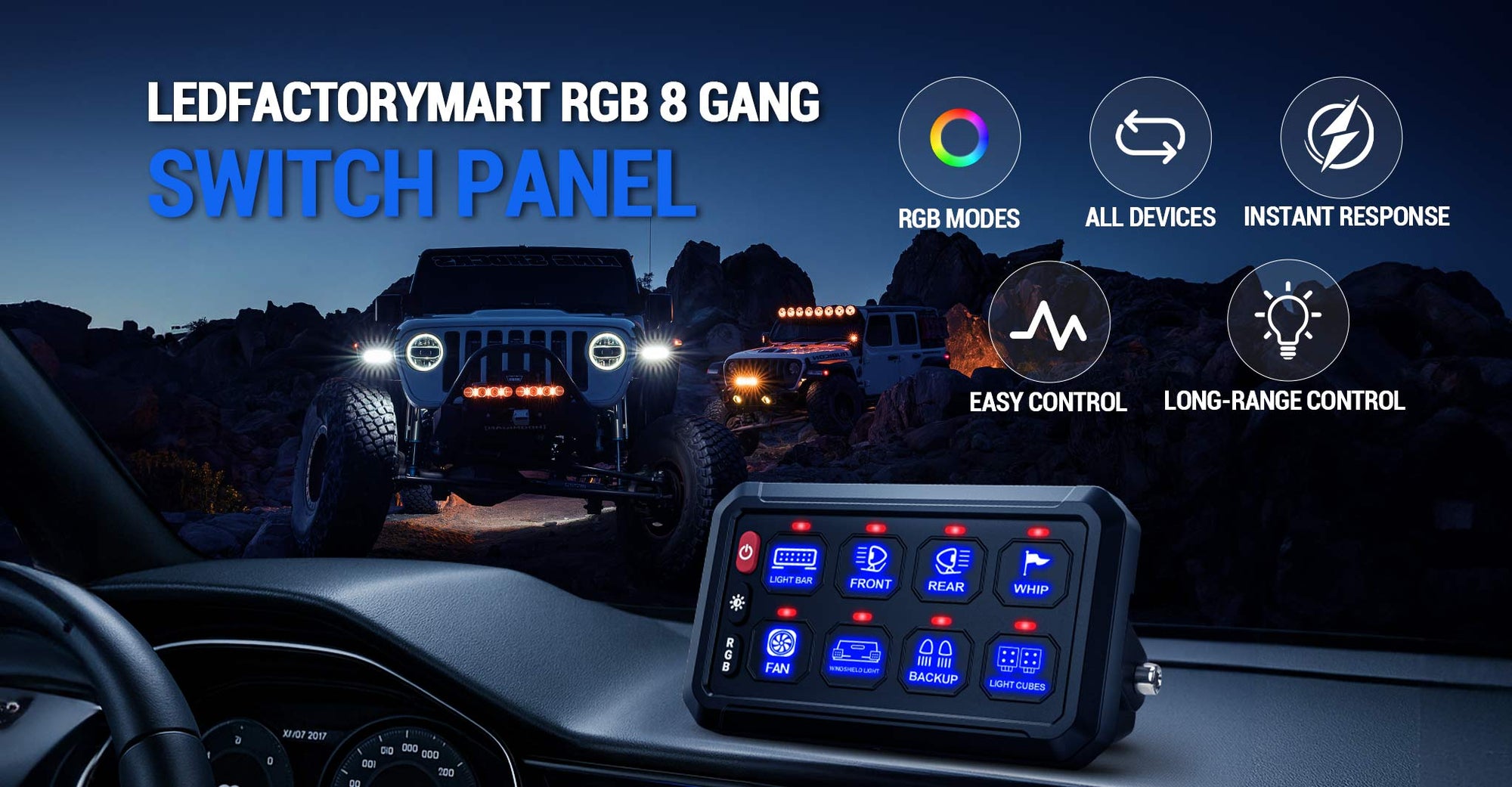 4 Control Modes Universal 8 Gang RGB Switch Panel for Off-Road & Jeep desktop banner