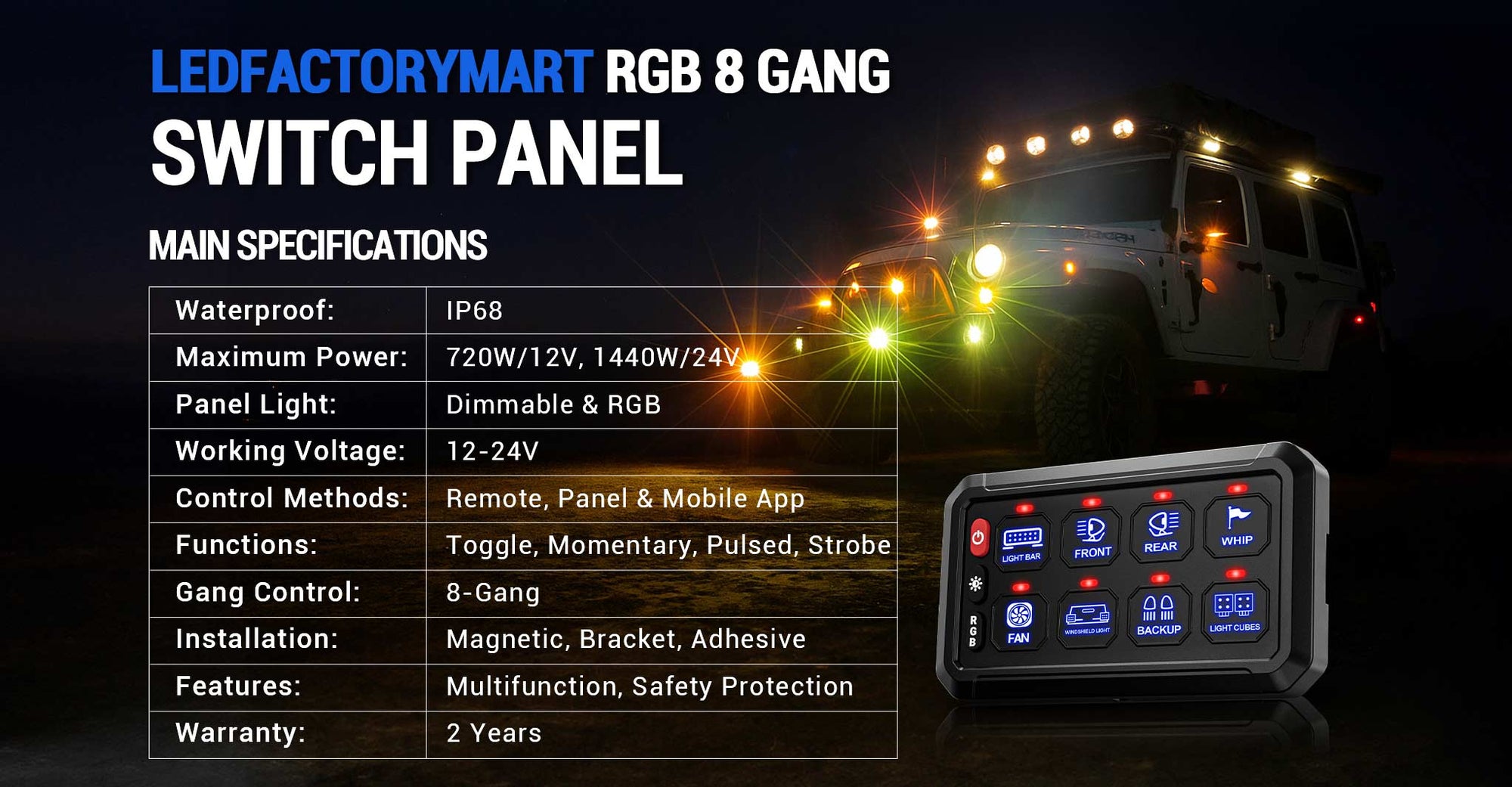 4 Control Modes Universal 8 Gang RGB Switch Panel for Off-Road & Jeep desktop banner
