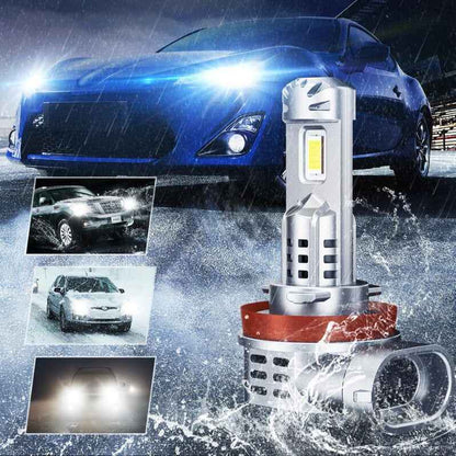 SUPAREE H8 LED headlight bulb with fan 6500K 6000LM shown in rainy night driving conditions, highlighting high brightness and waterproof performance.