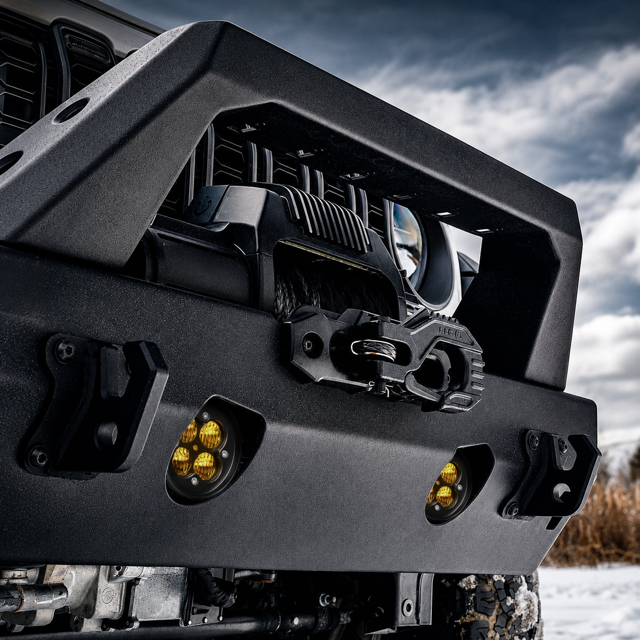 Close-up of amber LED fog lights for Jeep Wrangler JL and Gladiator JT