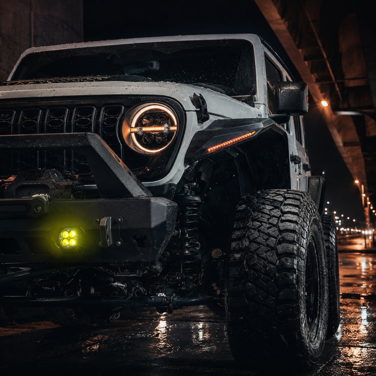 Close-up of amber LED fog lights for Jeep Wrangler JL and Gladiator JT