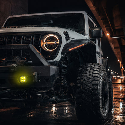 Close-up of amber LED fog lights for Jeep Wrangler JL and Gladiator JT