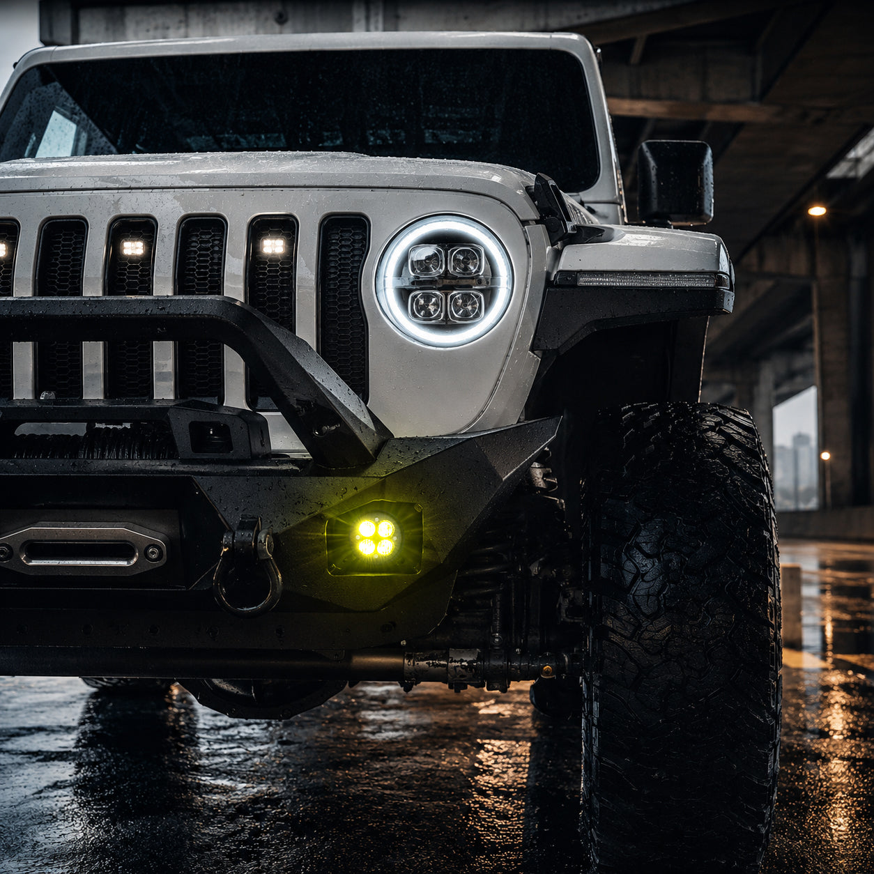 Close-up of amber LED fog lights for Jeep Wrangler JL and Gladiator JT