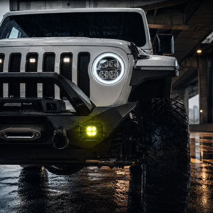 Close-up of amber LED fog lights for Jeep Wrangler JL and Gladiator JT